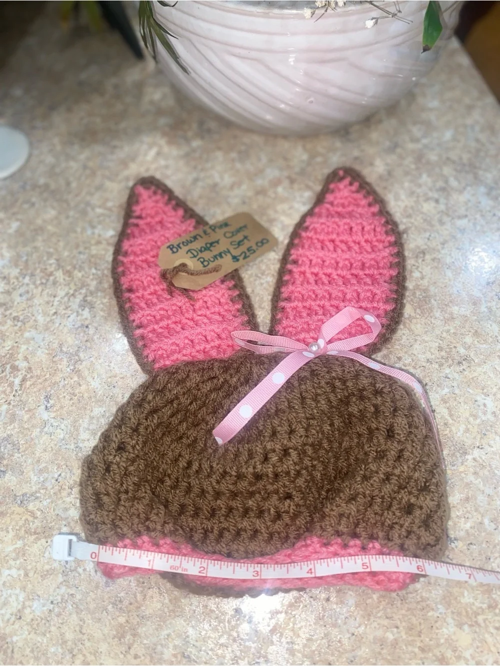 Handmade Crochet Bunny Diaper Cover & Ear Hat - Brown and Bright Pink